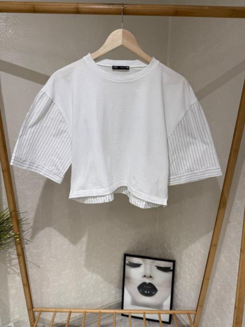 Zara mixed media short sleeve top pinstripe and poplin whit black